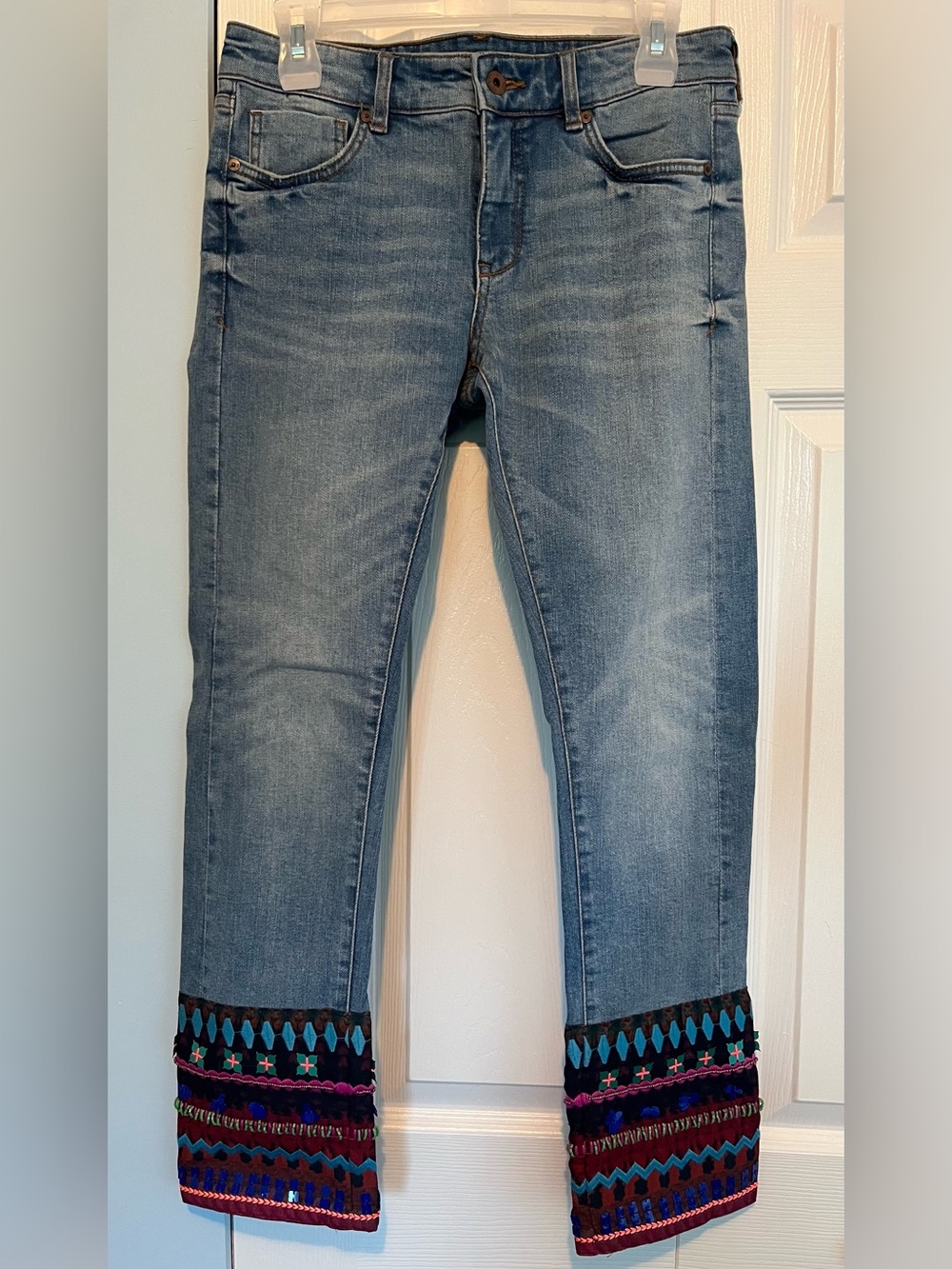 Pilcro and the Letterpress Blue Crop Jeans with Multicolor Embroidered Cuffs